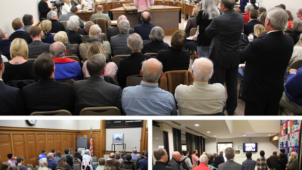 EAU CLAIRE SHOWS UP. During an Oct. 21 Eau Claire City Council public hearing on the Confluence Project, citizens packed the City Council Chamber (top) as well as an overflow room (lower left) and the City Hall lobby (lower right).