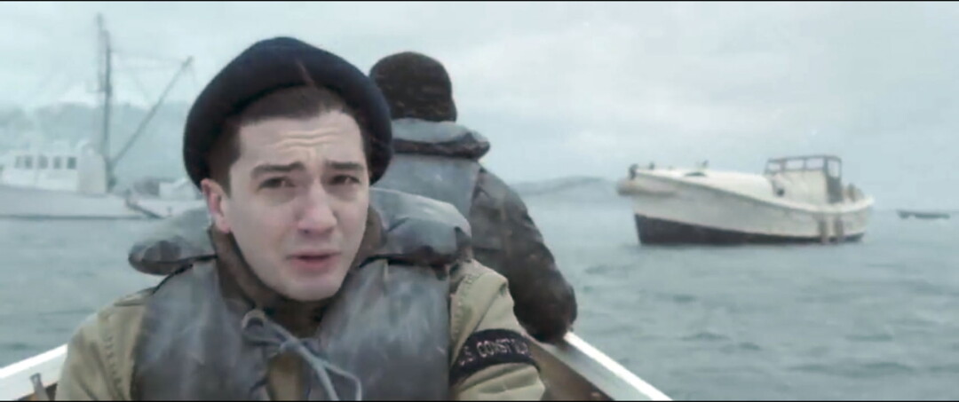 WE’RE GONNA NEED A BIGGER BOAT. Actor John Magaro, above, portrays Wisconsinite Ervin Maske in The Finest Hours, a new film about a legendary Coast Guard rescue. The photo at right shows the real Maske (at far right) with the three other Coast Guardsmen who conducted the rescue in 1952.