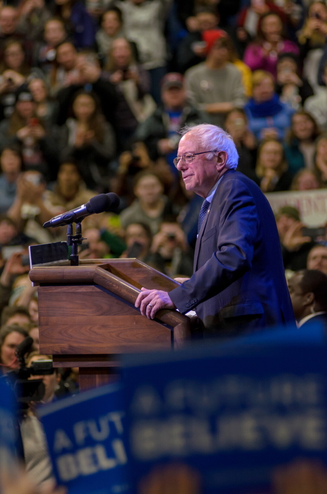 On April 2 and 3, all four frontrunners for the 2016 presidential primary race visited Eau Claire to rally support ahead of state elections on April 5. Bernie Sanders, Hillary Clinton, and Donald Trump spoke on Saturday, with Ted Cruz on Sunday. Above: Sanders at UWEC’s Zorn Arena with more than 3,400 in attendance. 