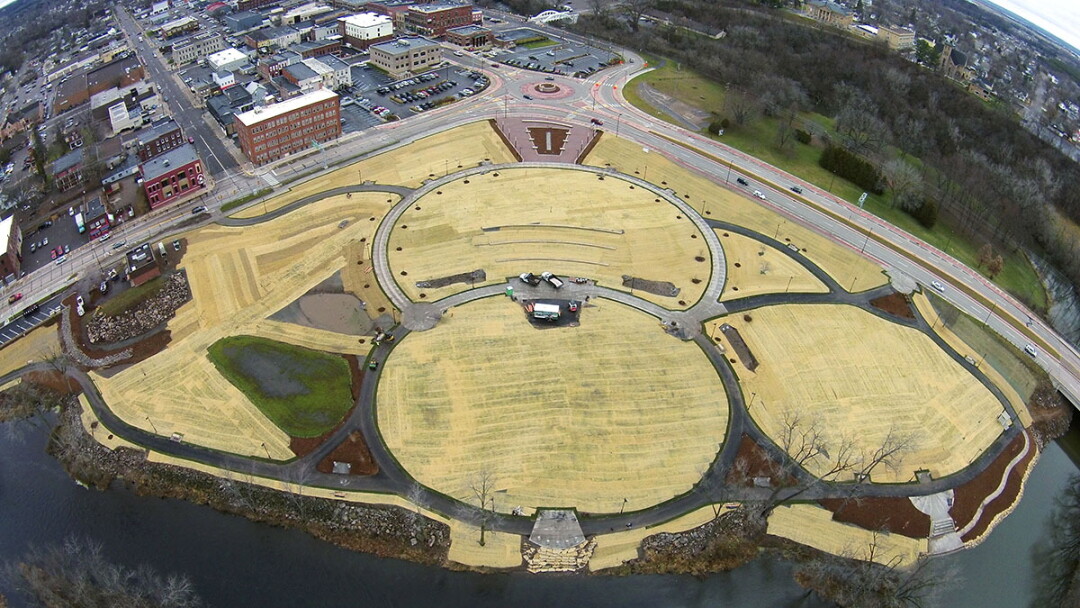 ABOVE: This drone photo, taken last fall, shows the layout of Riverfront Park in downtown Chippewa Falls. BELOW: Many park elements are already in place, including trails and riverside steps.