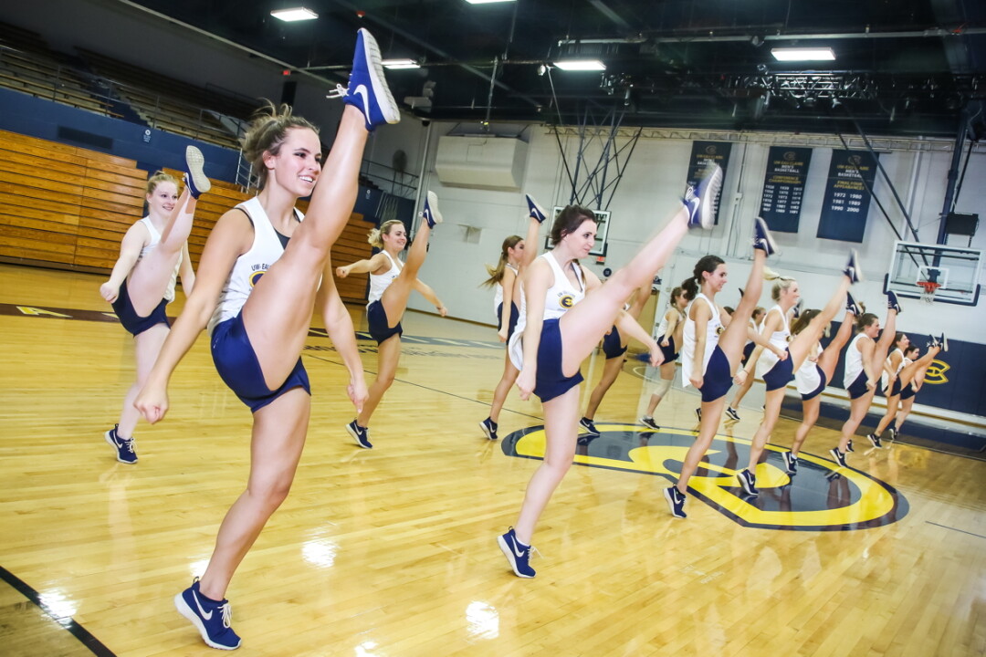 THE ROCKETTES HAVE NOTHING ON THESE LADIES. Members of UW-Eau Claire’s Dance Team practice their high kicks during a recent rehearsal at Zorn Arena.