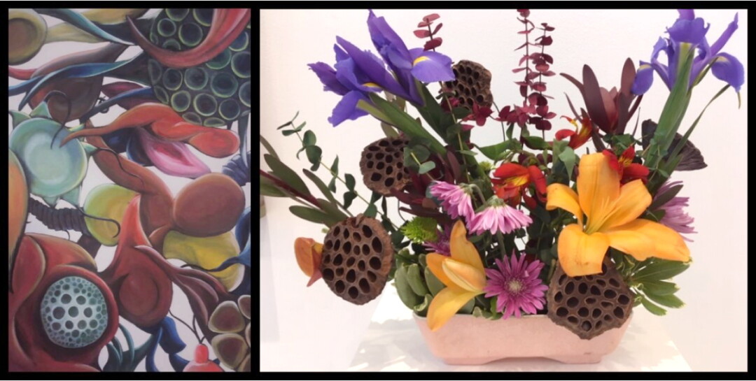 PUTTING PETALS WITH THE METALS. Previous pairings in the “Fabulous Florals & Fine Art” exhibit include (top) Mel Sundby, visual artist, and Nika Schwarz, floral designer from Brent Douglas; and (below) Jennifer Castellano, visual artist, and Jennifer Dahl, floral designer.