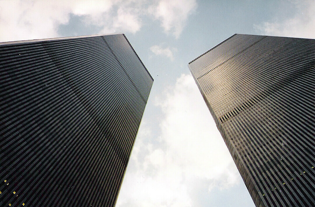 Looking up at the World Trade Center, New York City, 1995. (