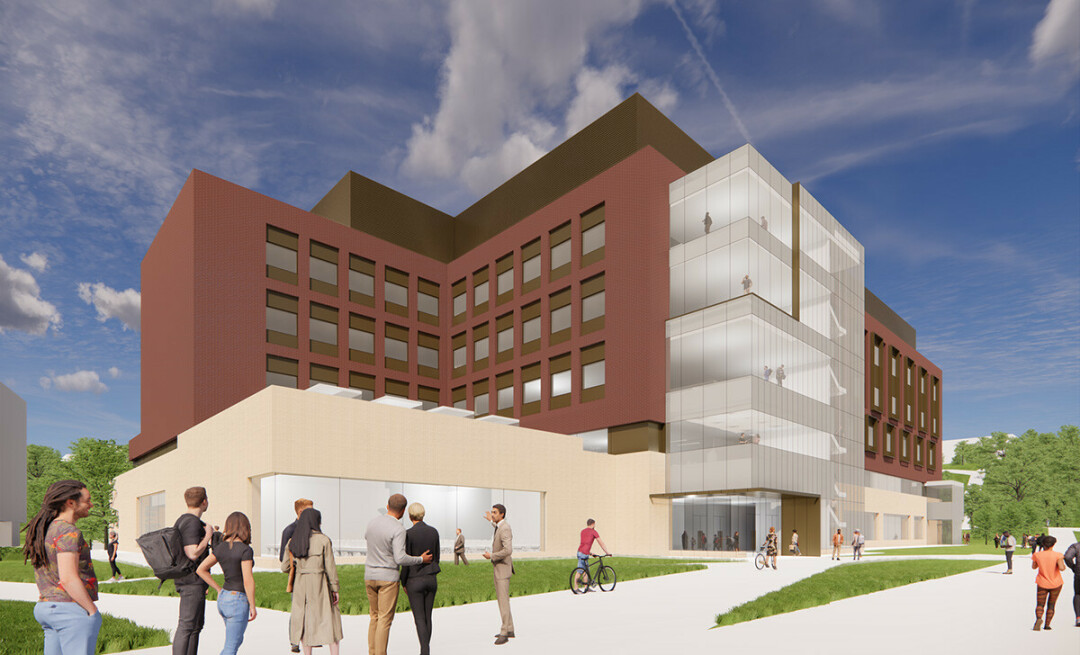 the UW System Board of Regents’ 2023-25 biennial capital budget request includes $235.5 million for a new Science and Health Sciences Building project at UW-Eau Claire, shown above in this rendering.