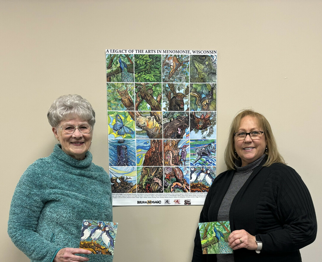MENOMONIE MOSAIC. Artists Peggy McAloon (left) and Susan Quilling (right) gathered artists to create a work of art dedicated to Menomonie. (Submitted photo)