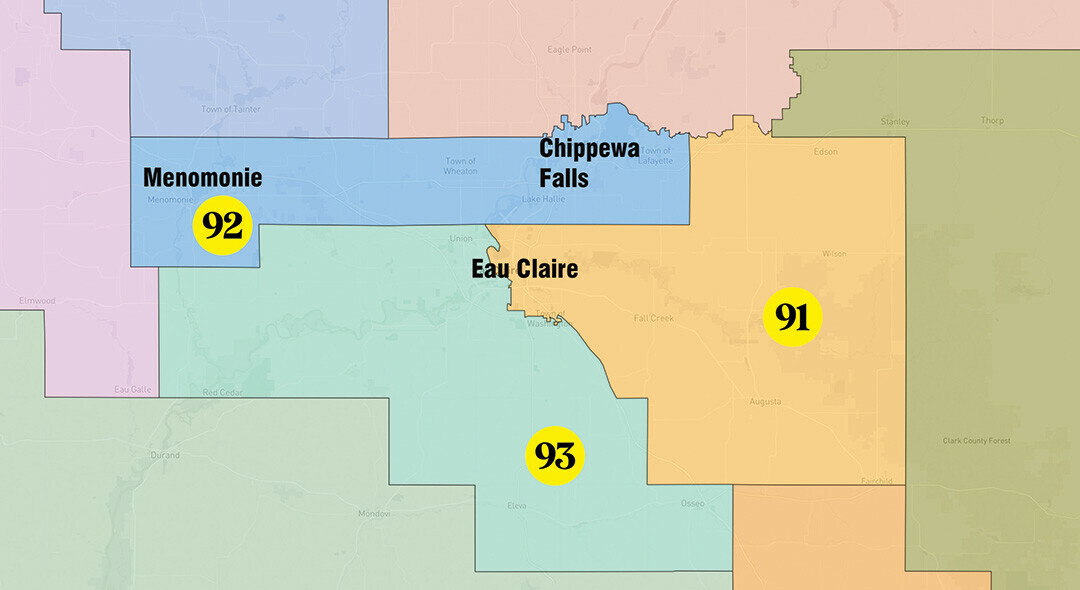 The redistricting process has seriously altered the districts that encompass the core cities of the Chippewa Valley. the 92nd District will include Chippewa Falls and Menomonie, while the City of Eau Claire and its surroundings will be divided between the 93rd and 91st district. (Image via davesredistricting.org)