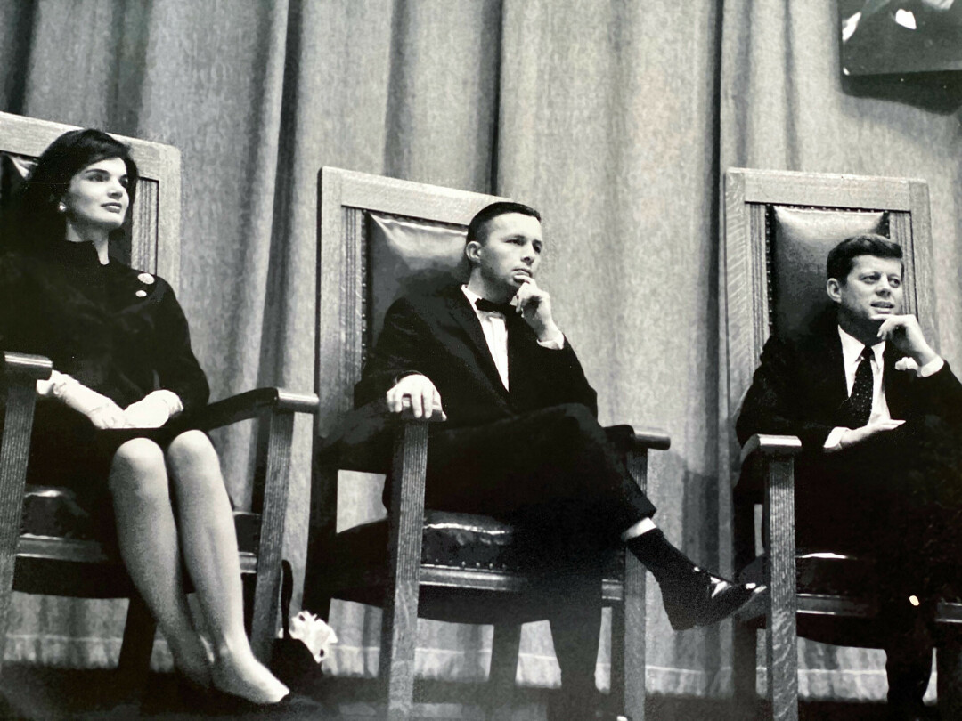 ALL THE WAY WITH JFK. Seated between Jackie and John F. Kennedy during a campaign visit to Eau Claire in 1960 is Pete Dougal, a Chippewa Valley native and Kennedy’s personal driver, who took the then-candidate all over the state to energize his presidential campaign in Wisconsin. (Submitted photo)