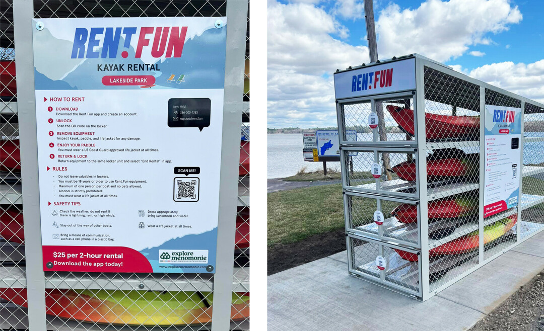 Kayak rental locker unit (right) and how-to signage for renting. (Photos via Facebook)