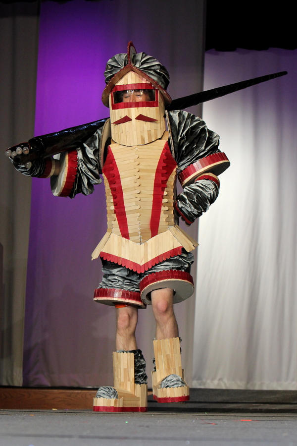 On April 21, the Great Hall of Memorial Student Center saw UW-Stout’s 2012 installment of Fashion Without Fabric, where design students make and model wearable creations fashioned from pretty much anything but normal textiles. Above: Attention to Detail winner “The Impossible Dream.”