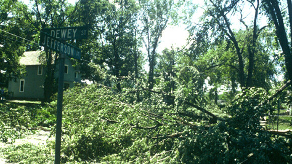 Storm damage, 1980, Eau Claire's Third Ward Neighborhood.