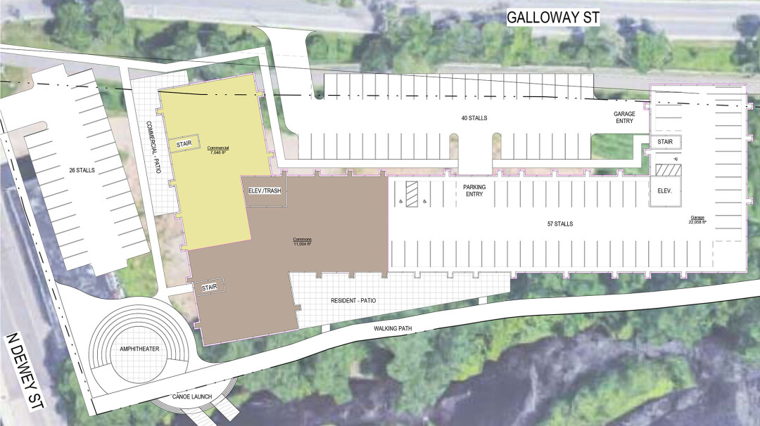 This floorplan shows what the first level of a proposed five-story apartment complex at the corner of Galloway and North Dewey streets could look like. Most of the parking on the east end of the image would be covered by the higher floors of the building. Source: JCap Real Estate/Kaas Wilson Architects.