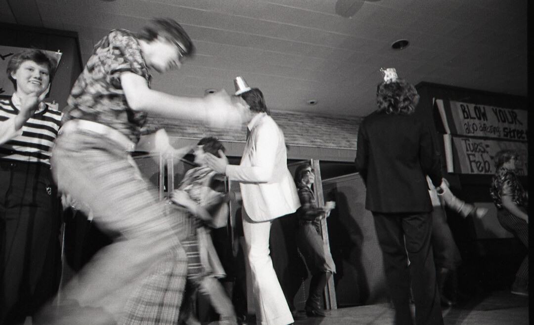 Stout Chancellor Bob Meyer performing during skit night of the 1978 UW-Stout Winter Carnival. Meyer was crowned Winter Carnival king that year.
