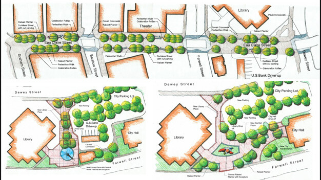 TOP: The “Celebration” concept for Eau Claire Street. ABOVE LEFT: The third library-city hall campus design. ABOVE RIGHT: The fourth campus design.
