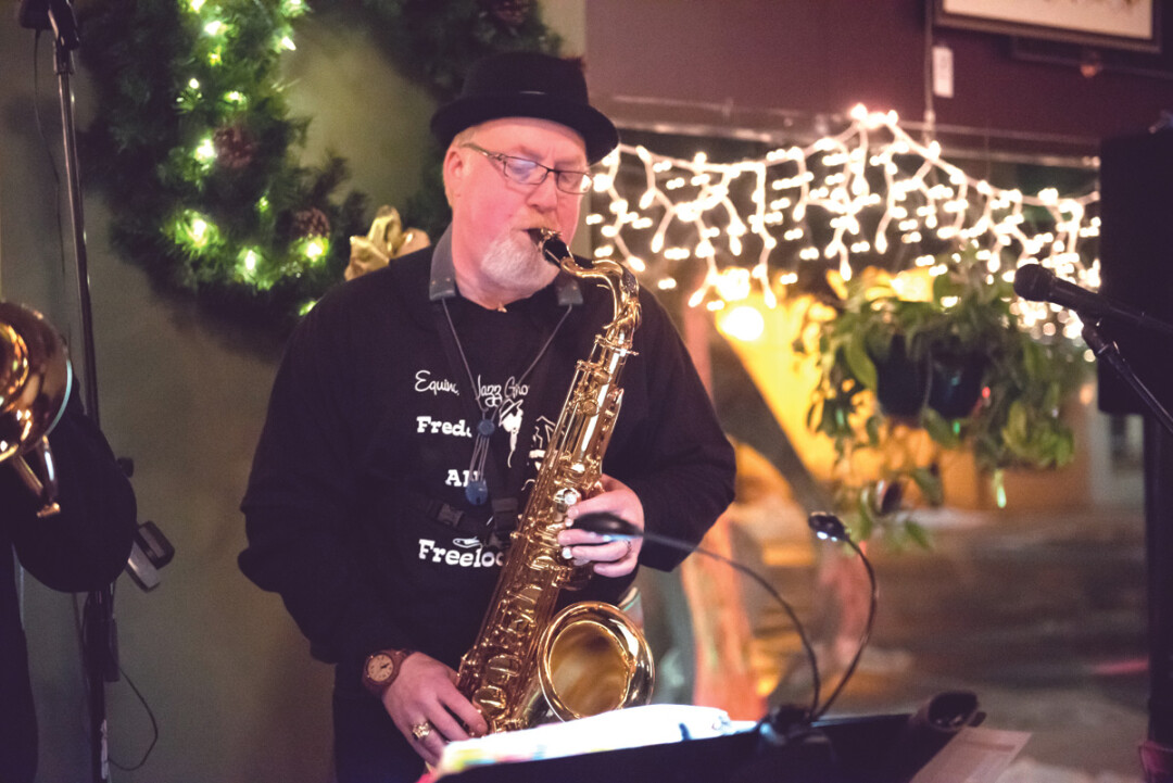 A MIGHTY WOODWIND. Above: Sax man Freddy Sklenar, seen here performed with his Equinox Jazz Group at the Acoustic Café last winter. The group’s debut album, Blue Turtle, is available now. 