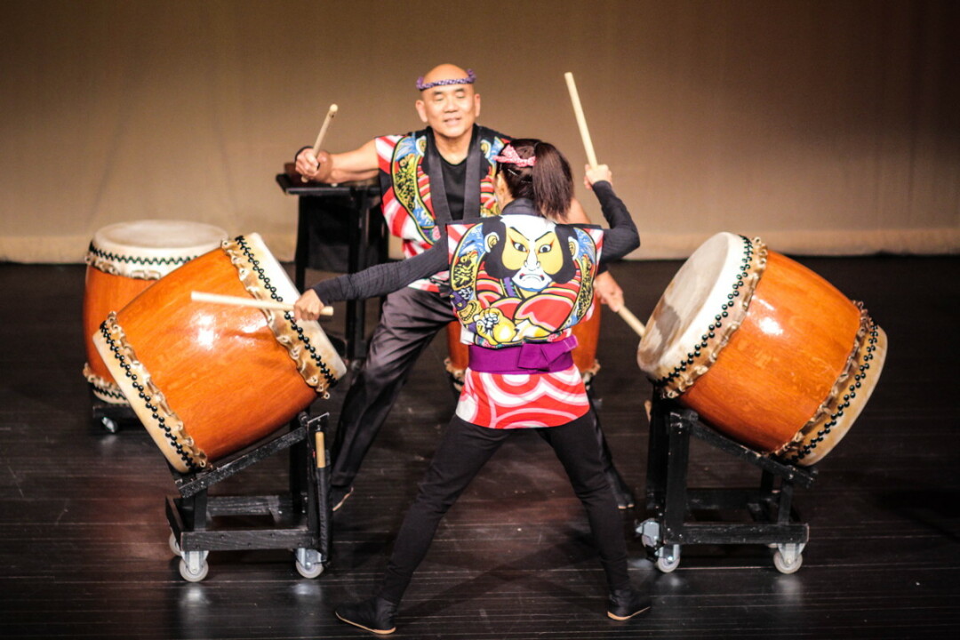 THEY CALLED IN THE BIG DRUMS. One World Taiko came to The Heyde Center for the Arts on Saturday, April 29. One World Taiko is a professional Japanese drum ensemble featuring Gary Tsujimoto and Nancy Ozaki, who bring their own creative rhythms, arrangements and choreography, and energetic spirit to the ancient art of Taiko. 