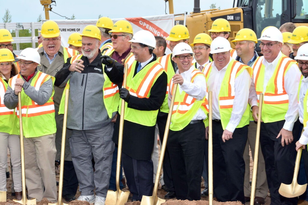 Chippewa Falls Mayor Greg Hoffman (second from left in the front row) was joined by Gov. Scott Walker (third from left) and other officials at a May 2017 groundbreaking for a new Fleet Farm Distribution Center in the Lake Wissota Business Park on the northeast side of Chippewa Falls.