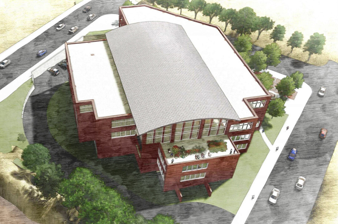 A conceptual drawing of the L.E. Phillips Memorial Public Library with potential additions.