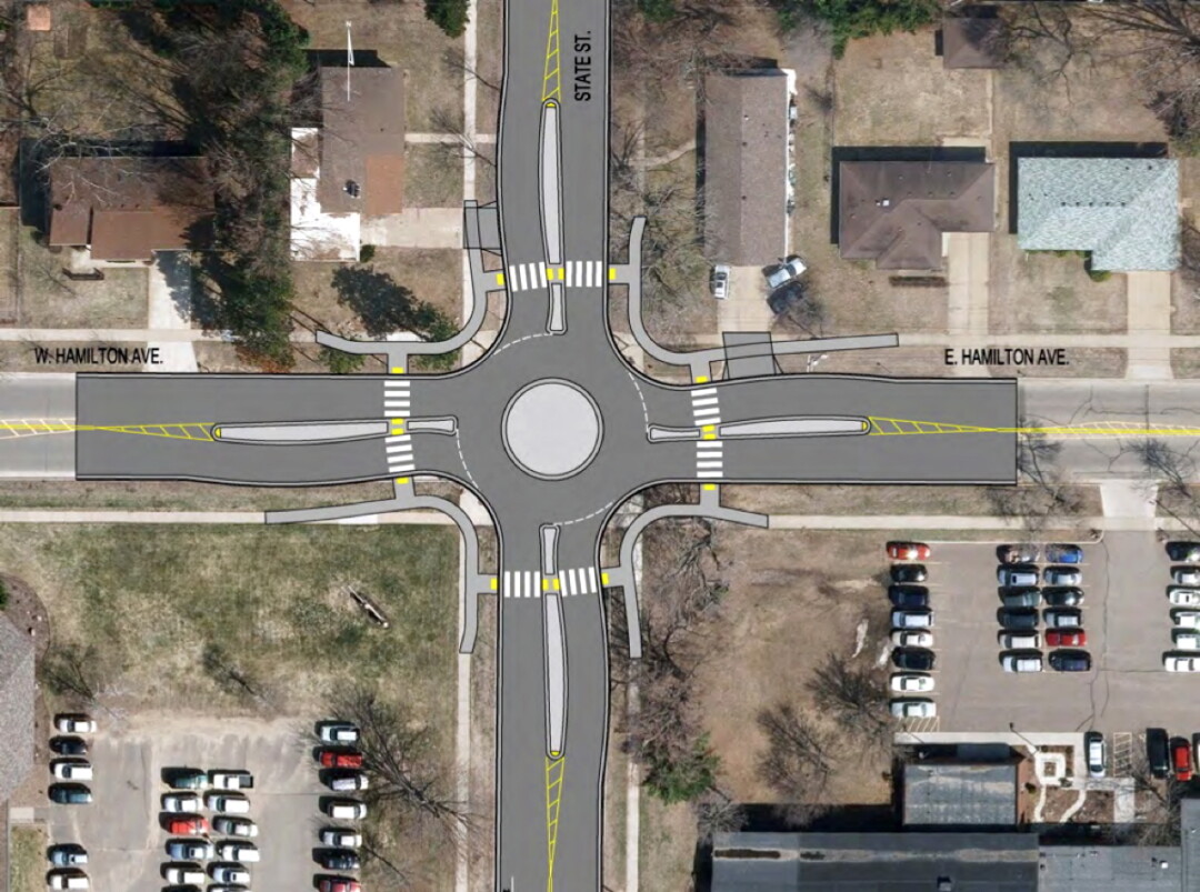 The roundabout planned for the intersection of State Street and Hamilton Avenue in Putnam Heights.