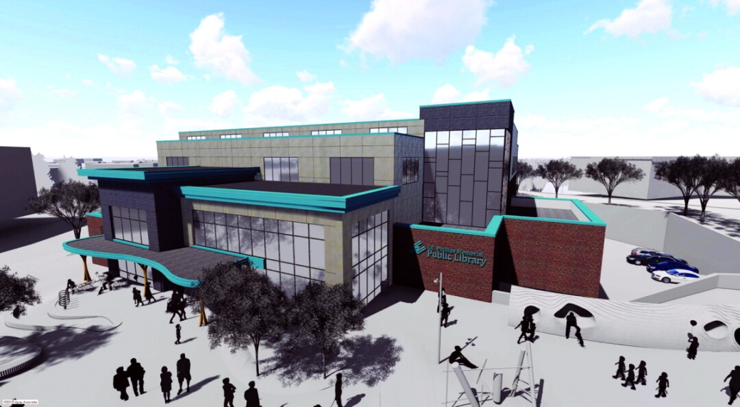 TAKE A LOOK, IT’S IN A BOOK. An artist’s rendering of possible renovations to the L.E. Phillips Memorial Public Library, including a third floor and an expanded front atrium.