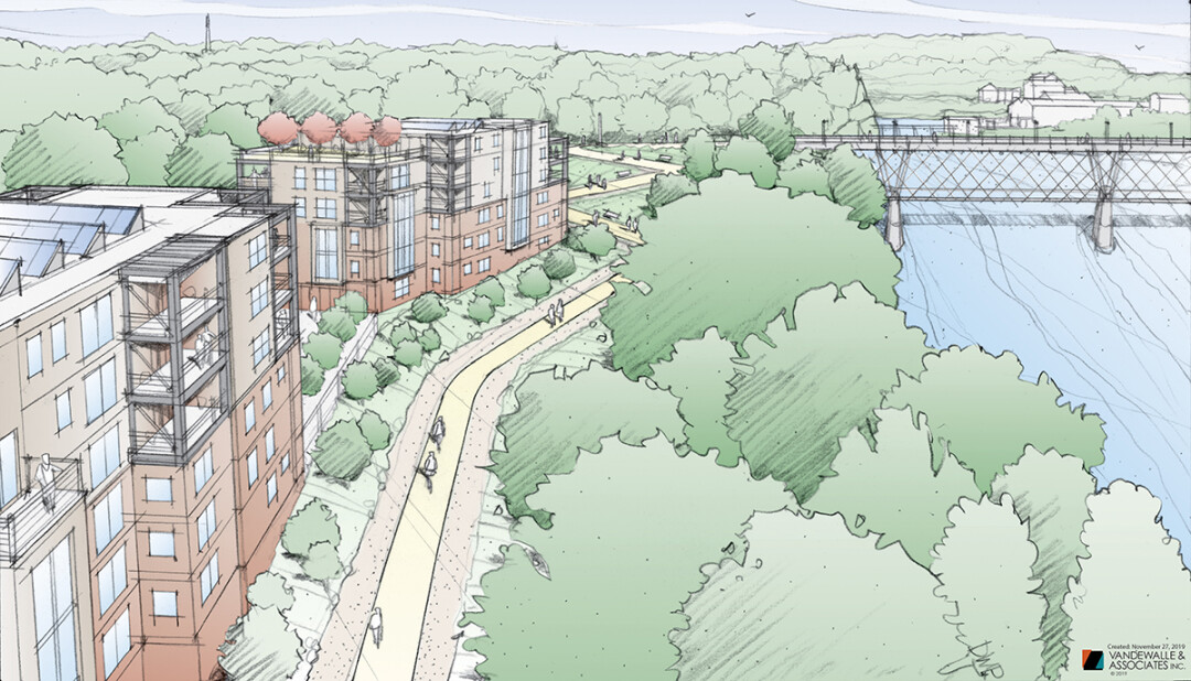 This bird’s-eye artist’s rendering shows The Heights, a proposed residential development on the north end of the Cannery District. The High Bridge over the Chippewa River is in the background.