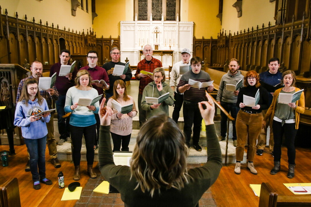 Eighteen singers strong, Chorale à NouvEAU is a new community choir based in Eau Claire. Formed by Altoona native Kate Larson, the group’s first concert is Jan. 26. Above: A rehearsal at Christ Church Cathedral.