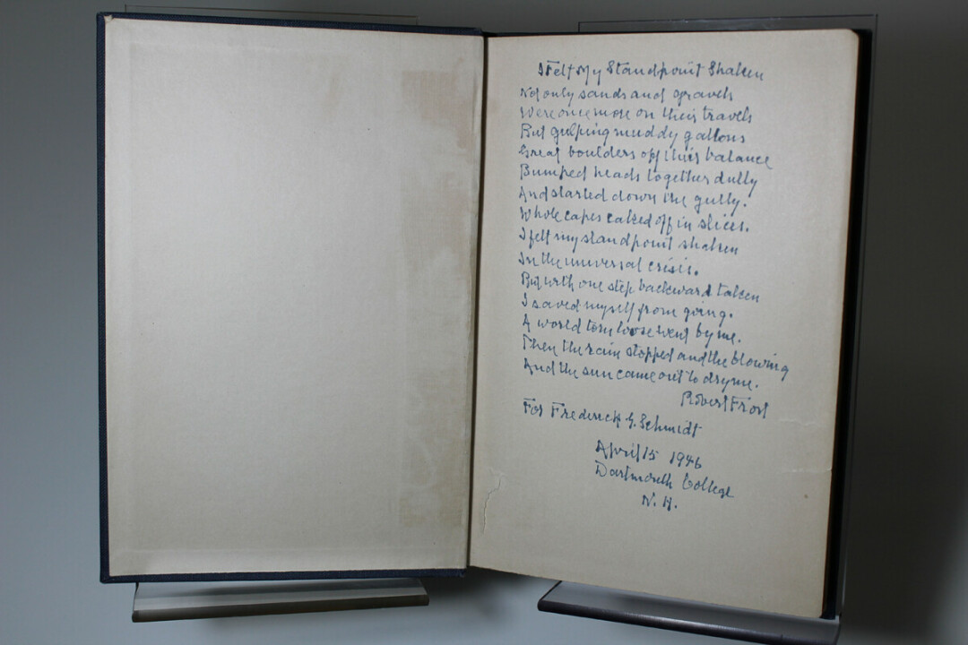 One of McIntyre Library's most prized possessions in their collection is their series of first-edition books by Robert Frost – many of which are signed by the famous poet himself! This one is Greg Kocken's favorite of the collection, Frost's third book, because it contains a much longer handwritten excerpt of poetry, and includes the date and location where Frost signed the book – a rarity in Frost's signature style, according to Kocken. Submitted photo.