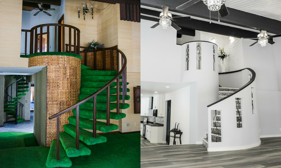 Before (left) and after (right) of the living room spiral staircase