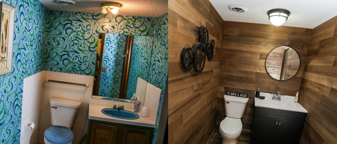 Before (left) and after (right) of the basement bathroom. The cedar planks on the walls of the renovated bathroom were taken from the exterior siding of the original house.