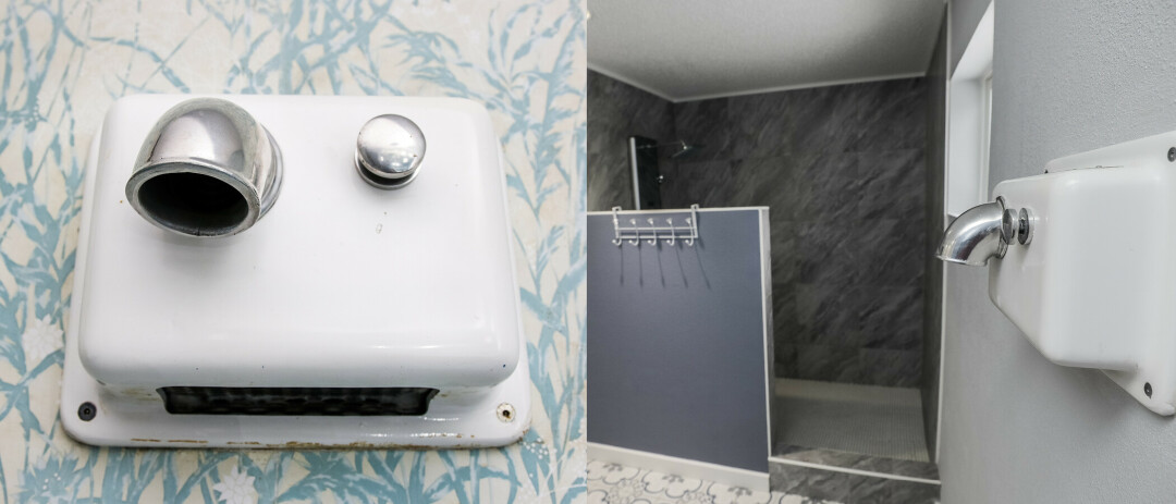 An electric hand dryer from the original Turf House (left) was preserved for the renovation (right) in the main floor bathroom.