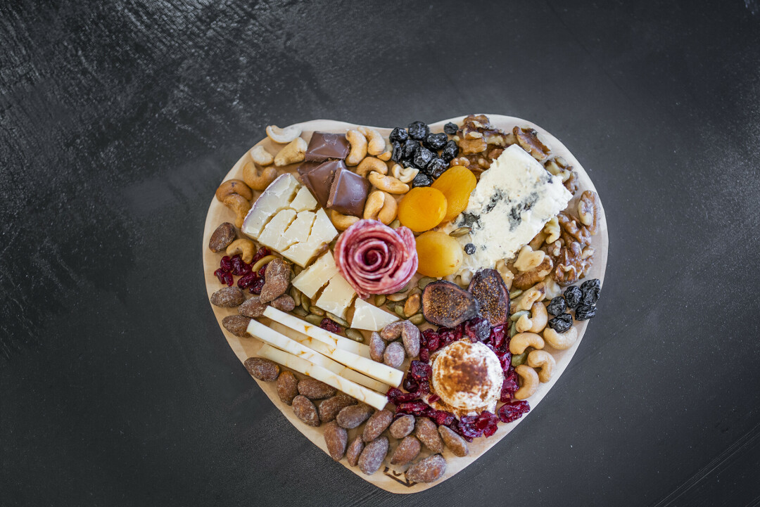 IN THE MIDWEST, WE HEART CHEESE. One of the cheese boards offered by the Grater Good is the Heart for Two. / Photo courtesy Christine Leonard and Maria Claire Photography