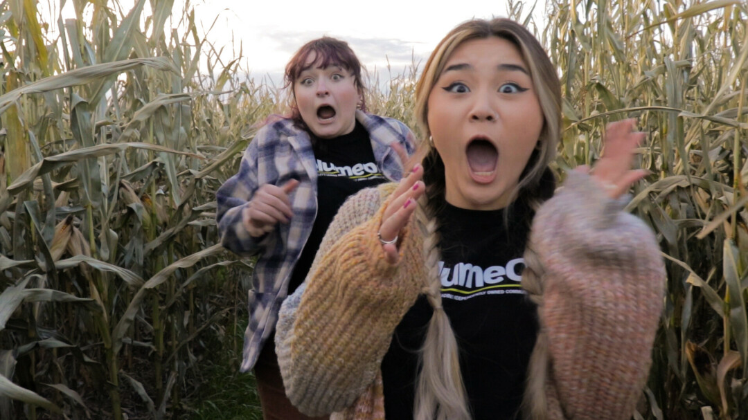 A PICTURE IS WORTH A THOUSAND WORDS, NO? Associate Editor Sawyer Hoff (left) and McKenna Scherer (right) serving scared, shook, and spooked at the Govin's Farm haunted trail.