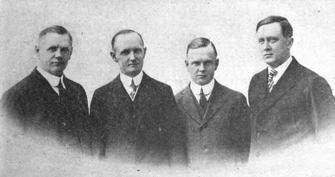 Harley-Davidson founders. Left to right: William Davidson, Walter Davidson, Arthur Davidson, William Harley. (The North Shore Bulletin, 1920)