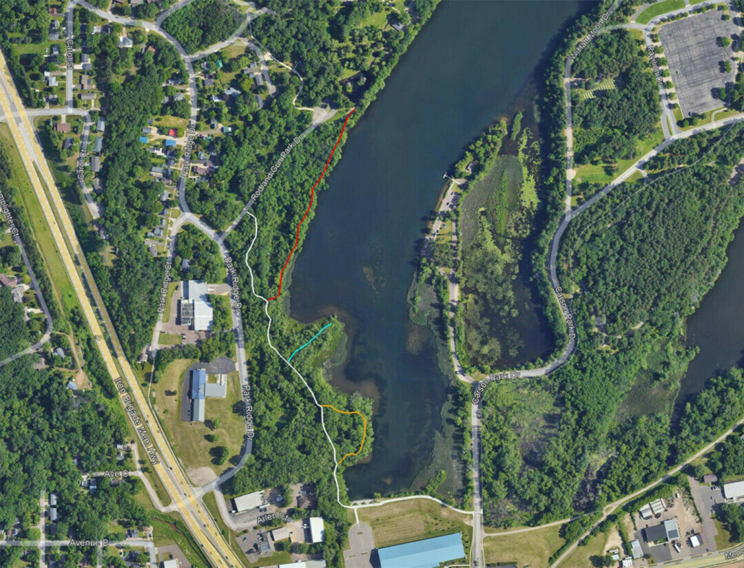 CLICK FOR A BIGGIE. The three boardwalk segments are colored yellow, teal, and red in this map. They will connect to a new concrete path, in white, along the western shore of Half Moon Lake. The entire trail will connect the YMCA's Menard Tennis Center, at the bottom of the map, to Rod and Gun Park. Carson Park is the wooded peninsula at right. (Submitted map)