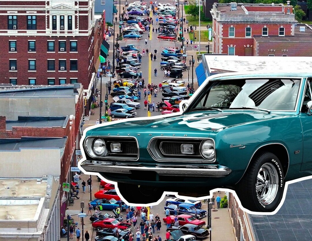 CARS & CAMARADERIE. Deb and Russ Thill have been auto lovers for most of their lives, their passion the force behind Chippewa Falls' Cruise-In Car Show. (Cruise-In Car Show photo, Thill's Plymouth Barracuda cut out)