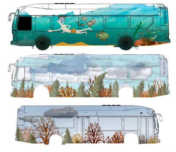 Two early sketches show the natural, sometimes playful art that could adorn Eau Claire’s buses.