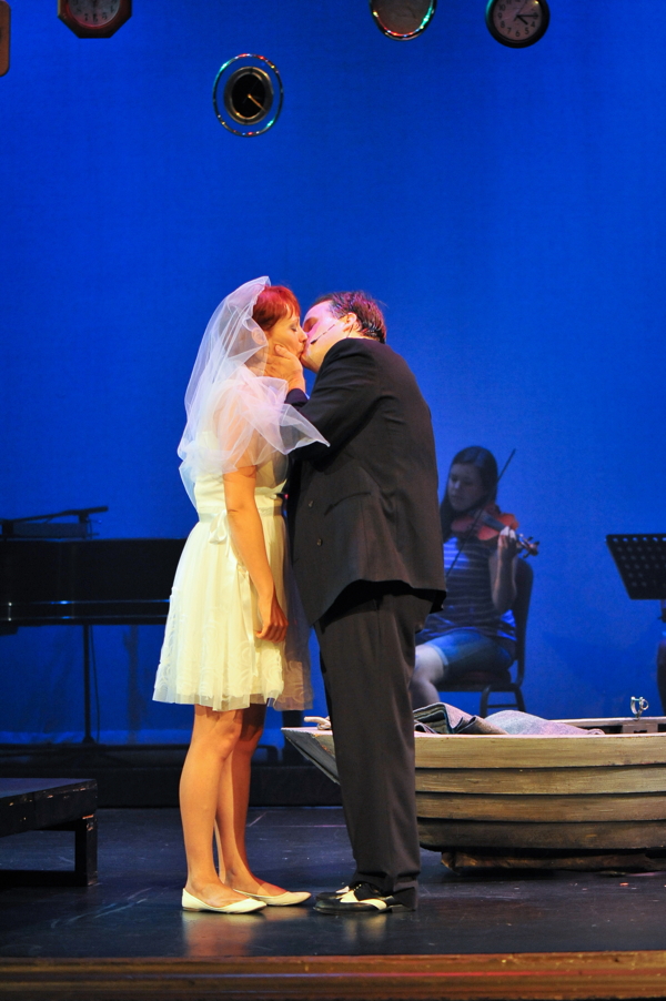 FIRST KISS ... OR LAST? The Last Five Years is about a couple falling in and out of love, but one lover’s story is told backwards while the other is told forwards. South of the River Theatre previously staged the musical at the Mabel Tainter Center for the Arts (shown above), and they are now producing it at Fanny Hill.