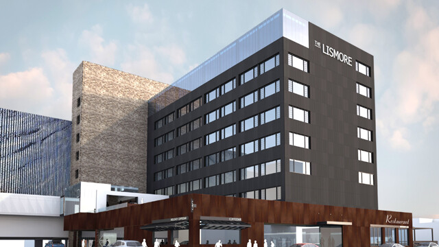 A SHINY NEW HOTEL. The Lismore Hotel, formerly the Ramada Inn and Convention Center, will look brand new outside and in when remodeling is complete late this year. This architectural rendering shows some of the planned changes, including black anodized metal panels covering most of the structure. (Image: RSP Architects)