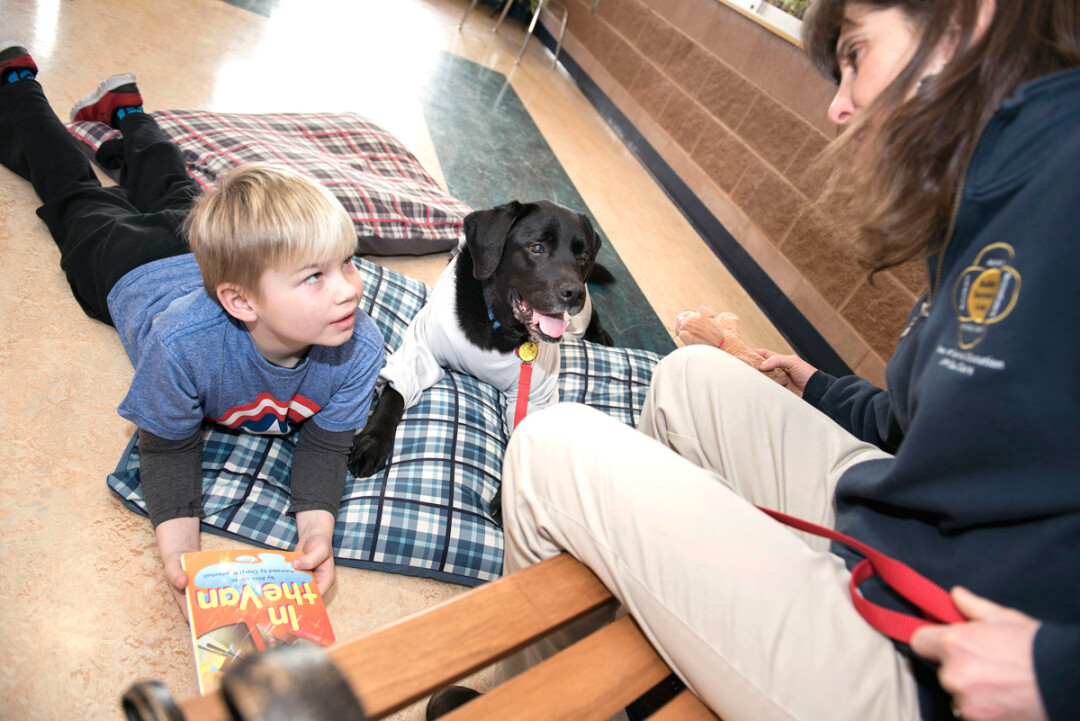Lakeshore Elementary first-grader Nicholas Hein practices his reading skills with therapy dog Solomon and Dr. Anne Papalia – UW-Eau Claire associate professor of special education and Solomon’s handler.