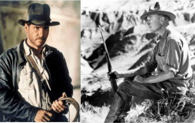 Left: Indiana Jones. Wore a fedora and fought Nazis to discover relics. Right: Roy Andrew Chapman. Wore a cowboy hat and fought off Mongolian raiders to discover dinosaur eggs.