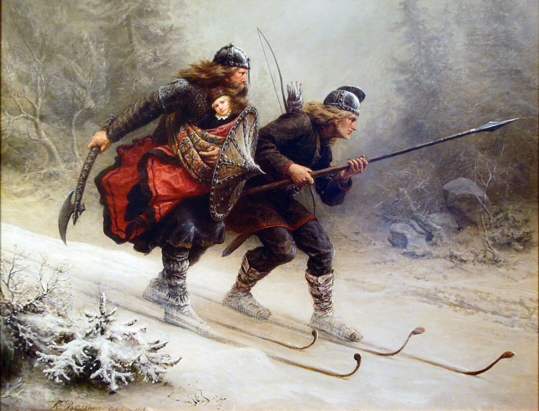 The original Birkebeiner racers (with baby!) in a 19th-century painting