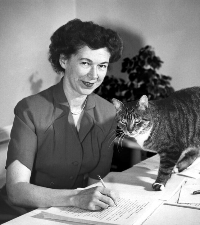 Author Beverly Cleary, circa 1955, and her cat, 